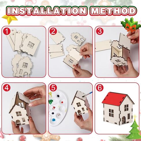 Hiboom 22 Pcs Christmas Village Set Wooden House LED Candlelight Small Pine Tree Mini Wooden Village Building for Adult Winter Town Xmas Farmhouse Tabletop Craft Decor in Saudi Arabia