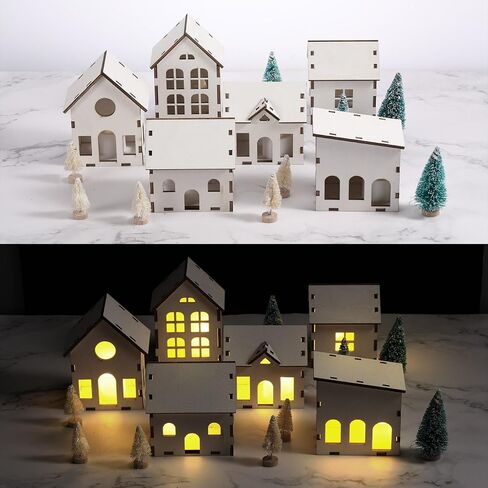 Hiboom 22 Pcs Christmas Village Set Wooden House LED Candlelight Small Pine Tree Mini Wooden Village Building for Adult Winter Town Xmas Farmhouse Tabletop Craft Decor in Saudi Arabia