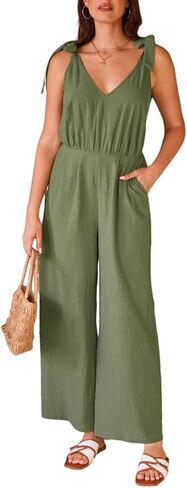 CUPSHE Women's Summer Jumpsuit 100% Cotton Beach Vacation V Neck Tie Strap Sleeveless Wide Leg Jumpsuit with Pockets in Saudi Arabia