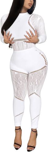 Ophestin Sexy 2 Piece Club Outfits for Women Hollow Out Bodycon Bodysuit with Leggings Sexy Jumpsuits for Going Out in Saudi Arabia