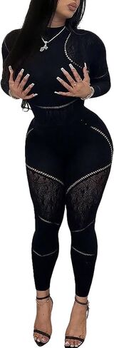 Ophestin Sexy 2 Piece Club Outfits for Women Hollow Out Bodycon Bodysuit with Leggings Sexy Jumpsuits for Going Out in Saudi Arabia