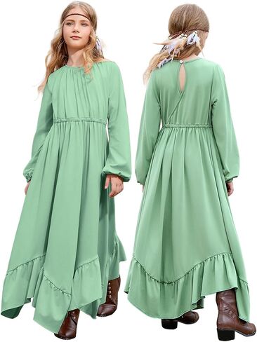 Jxstar Girls Boho Dress Casual Long Sleeve Maxi Dresses Crew Neck Ruffle Flowy Swing Long Dress with Pockets in Saudi Arabia