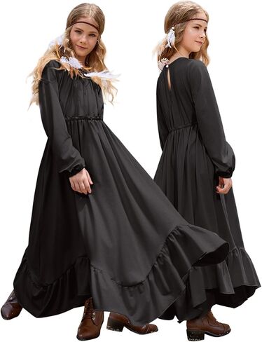Jxstar Girls Boho Dress Casual Long Sleeve Maxi Dresses Crew Neck Ruffle Flowy Swing Long Dress with Pockets in Saudi Arabia