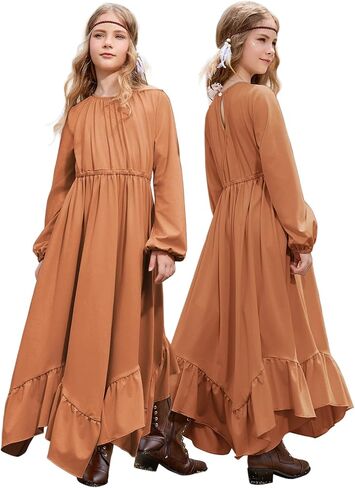 Jxstar Girls Boho Dress Casual Long Sleeve Maxi Dresses Crew Neck Ruffle Flowy Swing Long Dress with Pockets in Saudi Arabia