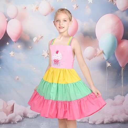 Sunny Fashion Girls Dress Ice Cream Rainbow Striped Suspender Sleeveless in Saudi Arabia
