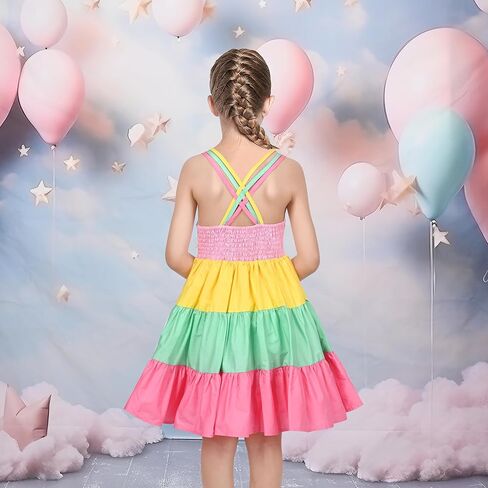 Sunny Fashion Girls Dress Ice Cream Rainbow Striped Suspender Sleeveless in Saudi Arabia
