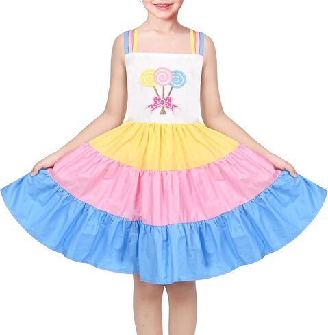 Sunny Fashion Girls Dress Ice Cream Rainbow Striped Suspender Sleeveless in Saudi Arabia