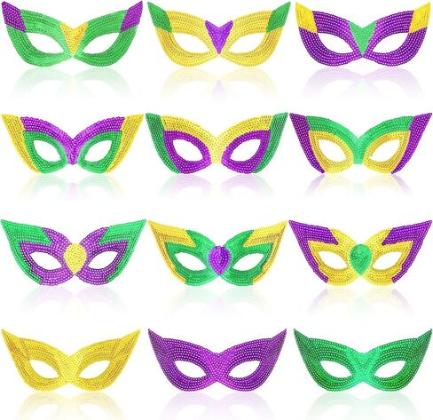 12 Pieces Mardi Gras Face Mask Mardi Gras Mask Mardi Gras Shining Mask Gold Purple Green Masquerade Masks for Women Men Kids New Orleans Dress Up Mardi Gras Decorations Party Supplies in Saudi Arabia