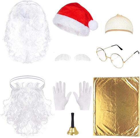 baotongle Santa Claus Beard and Wig Set for Adult Men Santa Costume Accessories Beard Wig Eyebrows Hat Glasses Gloves Satin Gift Bags Hand Bell Perfect for Holiday Celebrations Parties Festive Events in Saudi Arabia