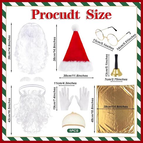 baotongle Santa Claus Beard and Wig Set for Adult Men Santa Costume Accessories Beard Wig Eyebrows Hat Glasses Gloves Satin Gift Bags Hand Bell Perfect for Holiday Celebrations Parties Festive Events in Saudi Arabia
