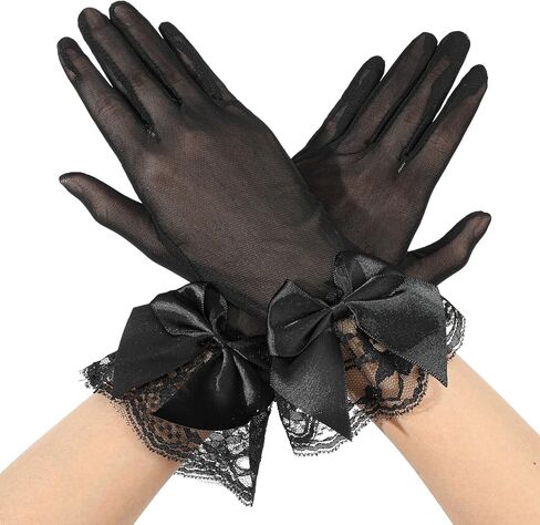 Tea Party Bow Lace Gloves Women's Party Bow Lace Gloves Floral Laces Glove Black Short Mitten for Bridal Princess Funeral Evening Costume Accessories in Kuwait