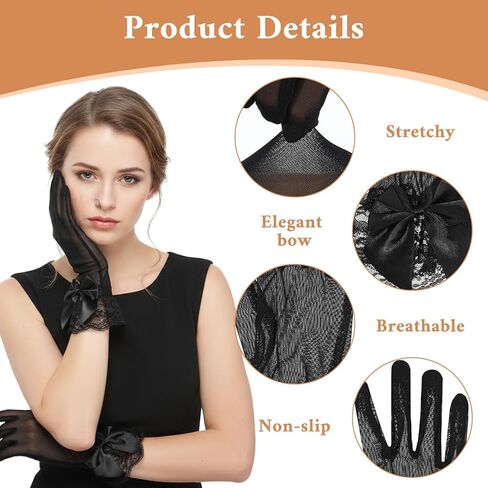 Tea Party Bow Lace Gloves Women's Party Bow Lace Gloves Floral Laces Glove Black Short Mitten for Bridal Princess Funeral Evening Costume Accessories in Kuwait