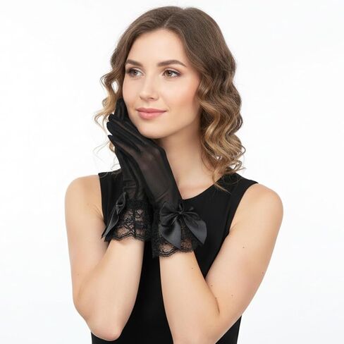 Tea Party Bow Lace Gloves Women's Party Bow Lace Gloves Floral Laces Glove Black Short Mitten for Bridal Princess Funeral Evening Costume Accessories in Kuwait
