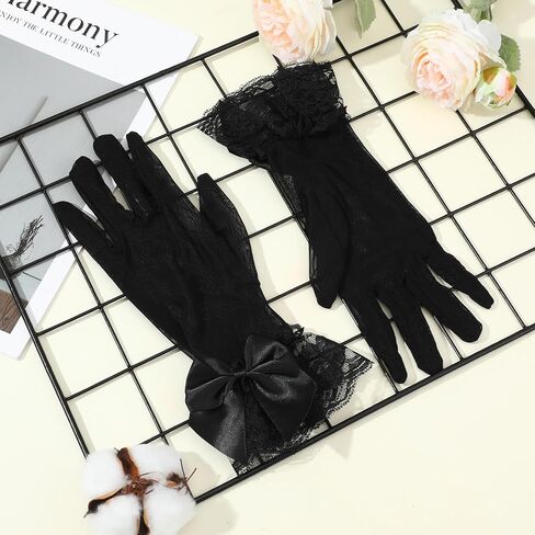 Tea Party Bow Lace Gloves Women's Party Bow Lace Gloves Floral Laces Glove Black Short Mitten for Bridal Princess Funeral Evening Costume Accessories in Kuwait