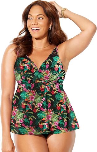 Swimsuits For All Women's Plus Size V Neck Crochet Relaxed Fit Bra Sized Crochet Underwire Tankini Top with Adjustable Straps in Saudi Arabia