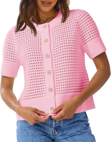 Saodimallsu Womens Crochet Short Sleeve Cardigans Button Up Crew Neck Summer Beach Knit Sweater Tops in Saudi Arabia