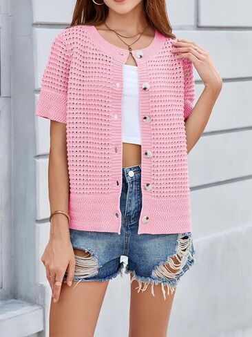 Saodimallsu Womens Crochet Short Sleeve Cardigans Button Up Crew Neck Summer Beach Knit Sweater Tops in Saudi Arabia