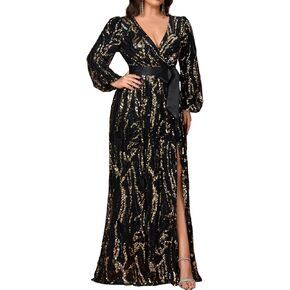 Women's Plus Sized Long-Sleeved Sequined Dress V-Neck Design high Slit Oversized Skirt Formal Ball Gown Party Evening Dress in Kuwait
