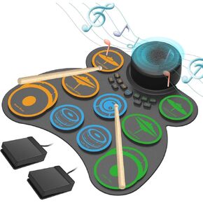 10 Pads Electronic Drum Sets, Drum Practice Pad with Headphone Jack, Built-in 2 Speaker Foot Pedals and Drumsticks, Kids Drum Set Compatible with MIDI Output, Christmas gifts for kids in Saudi Arabia