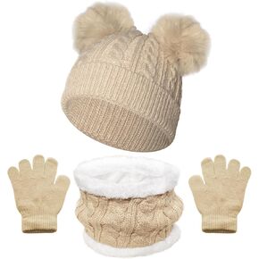 Kids Winter Hat Scarf Gloves Set Children Warm Knit Fleece Lined Pompom Hat Thick Beanie Hats Gloves for Girls Boys in Kuwait