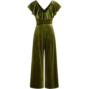 CIDER Cap Sleeve Velvet Jumpsuits for Women V Neck Wide Leg Long Pants Dressy Rompers Tie Waist Fall Overalls in Kuwait