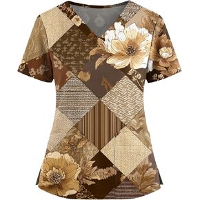 Womens Scrubs V-Neck Patchwork Printed Scrub Top Short Sleeve Nurse Shirts Plus Size Work Tops with Pockets in Saudi Arabia