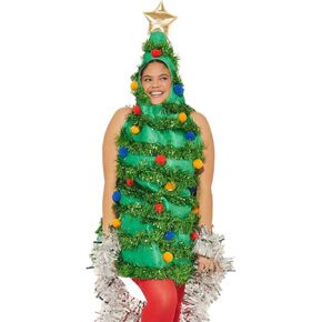 Owl's-Yard Christmas Tree Costume For Women Christmas Outfit Sleeveless Hood Tops Red Plush Ball Xmas Outfit For Party in Kuwait
