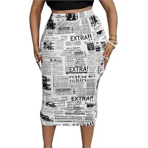 تنورة WDIRARA النسائية بمقاس كبير وطباعة الصحف ورباط جانبي، تنورة متوسطة الطول مع جيوب in Kuwait