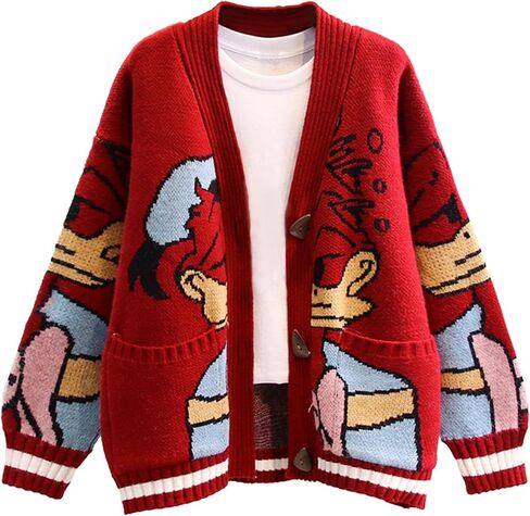 Womens Button Down Slouchy Wool Blend Coat Fall Cute Embroidery Cartoon Duck Cable Knit Cardigans Sweater with Pockets in Saudi Arabia