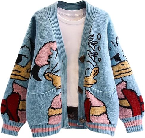 Womens Button Down Slouchy Wool Blend Coat Fall Cute Embroidery Cartoon Duck Cable Knit Cardigans Sweater with Pockets in Saudi Arabia