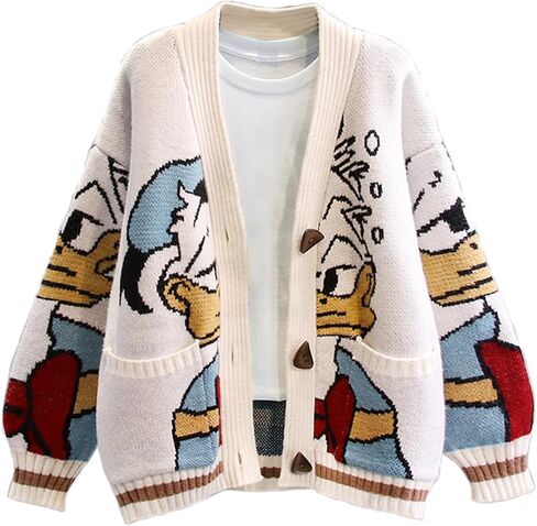 Womens Button Down Slouchy Wool Blend Coat Fall Cute Embroidery Cartoon Duck Cable Knit Cardigans Sweater with Pockets in Saudi Arabia