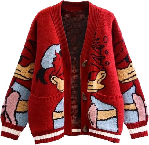 Womens Button Down Slouchy Wool Blend Coat Fall Cute Embroidery Cartoon Duck Cable Knit Cardigans Sweater with Pockets in Saudi Arabia