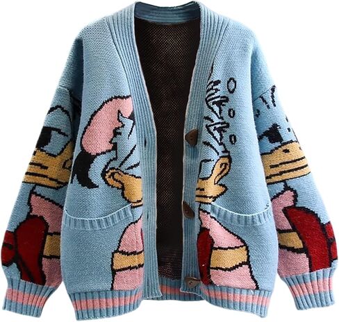 Womens Button Down Slouchy Wool Blend Coat Fall Cute Embroidery Cartoon Duck Cable Knit Cardigans Sweater with Pockets in Saudi Arabia