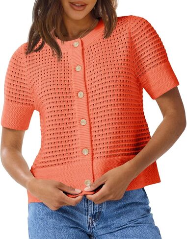Saodimallsu Womens Crochet Short Sleeve Cardigans Button Up Crew Neck Summer Beach Knit Sweater Tops in Saudi Arabia