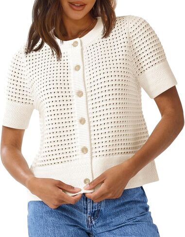 Saodimallsu Womens Crochet Short Sleeve Cardigans Button Up Crew Neck Summer Beach Knit Sweater Tops in Saudi Arabia