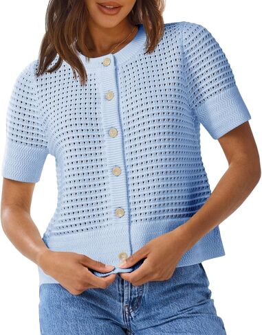 Saodimallsu Womens Crochet Short Sleeve Cardigans Button Up Crew Neck Summer Beach Knit Sweater Tops in Saudi Arabia