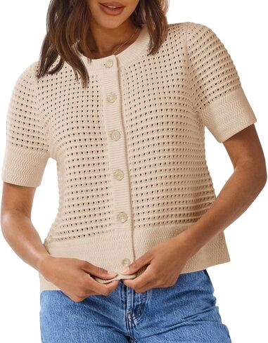 Saodimallsu Womens Crochet Short Sleeve Cardigans Button Up Crew Neck Summer Beach Knit Sweater Tops in Saudi Arabia