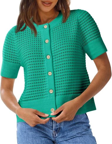 Saodimallsu Womens Crochet Short Sleeve Cardigans Button Up Crew Neck Summer Beach Knit Sweater Tops in Saudi Arabia