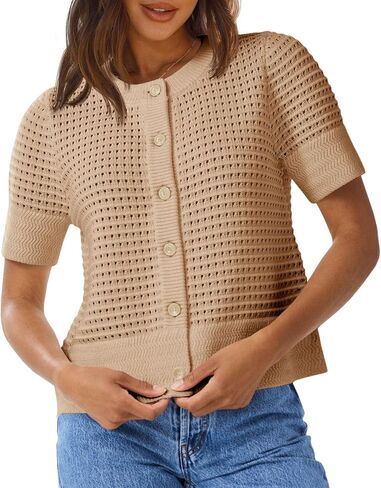 Saodimallsu Womens Crochet Short Sleeve Cardigans Button Up Crew Neck Summer Beach Knit Sweater Tops in Saudi Arabia