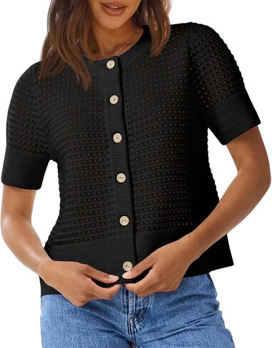 Saodimallsu Womens Crochet Short Sleeve Cardigans Button Up Crew Neck Summer Beach Knit Sweater Tops in Saudi Arabia