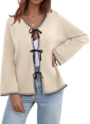 Tie Front Bow Cardigan for Women Trendy 2025 Casual Bell Long Sleeve Chunky Knit Cardigan Sweater Winter Clothing Coat in Saudi Arabia
