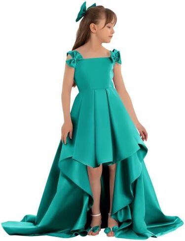 High Low Flower Girl Dresses with Bow Satin Formal Princess Pageant Party Gown for Wedding in Saudi Arabia