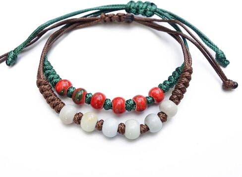 2 Handmade Green Boho Bracelets for Women, Bohemian Ceramic Beads Bracelets for Friends, Trendy Porcelain Stone Beaded Bracelets for Sisters in Kuwait