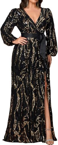 Women's Plus Sized Long-Sleeved Sequined Dress V-Neck Design high Slit Oversized Skirt Formal Ball Gown Party Evening Dress in Kuwait
