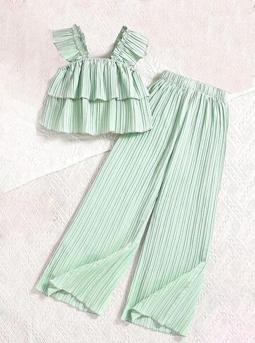 Girls 2 Piece Outfit Set Sleeveless Ruffle Top and Wide Leg Pleated Pants Summer Casual Clothes for Girls in Saudi Arabia