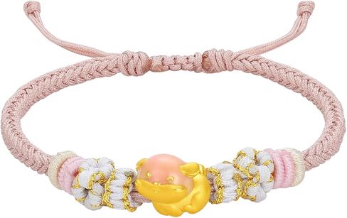24K Gold Charm Bracelet Enamel Rat Mouse Bracelets 12 Chinese Zodiac Pink Braided Link Cute Animal Real Gold Jewelry for Women Daughter New Year Birthday Gifts 16+6cm/6.3+2.36" in Saudi Arabia