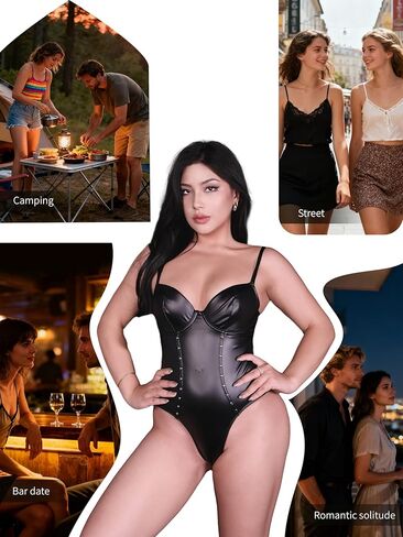 Women’s Black PU Leather Bodysuit – Corset-Style One-Piece with Underwire Cups, Studded Details, Back Zipper in Saudi Arabia