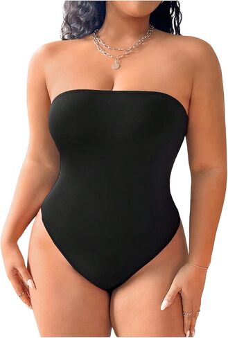 WDIRARA Women's Plus Size Tube Bodysuit Sleeveless Strapless Leotard Basic Body Suit in Saudi Arabia