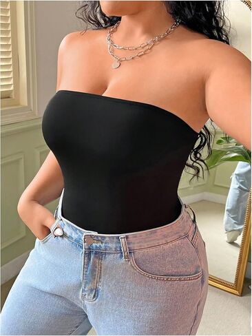 WDIRARA Women's Plus Size Tube Bodysuit Sleeveless Strapless Leotard Basic Body Suit in Saudi Arabia