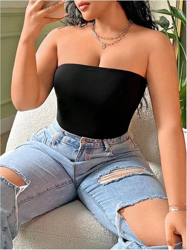 WDIRARA Women's Plus Size Tube Bodysuit Sleeveless Strapless Leotard Basic Body Suit in Saudi Arabia